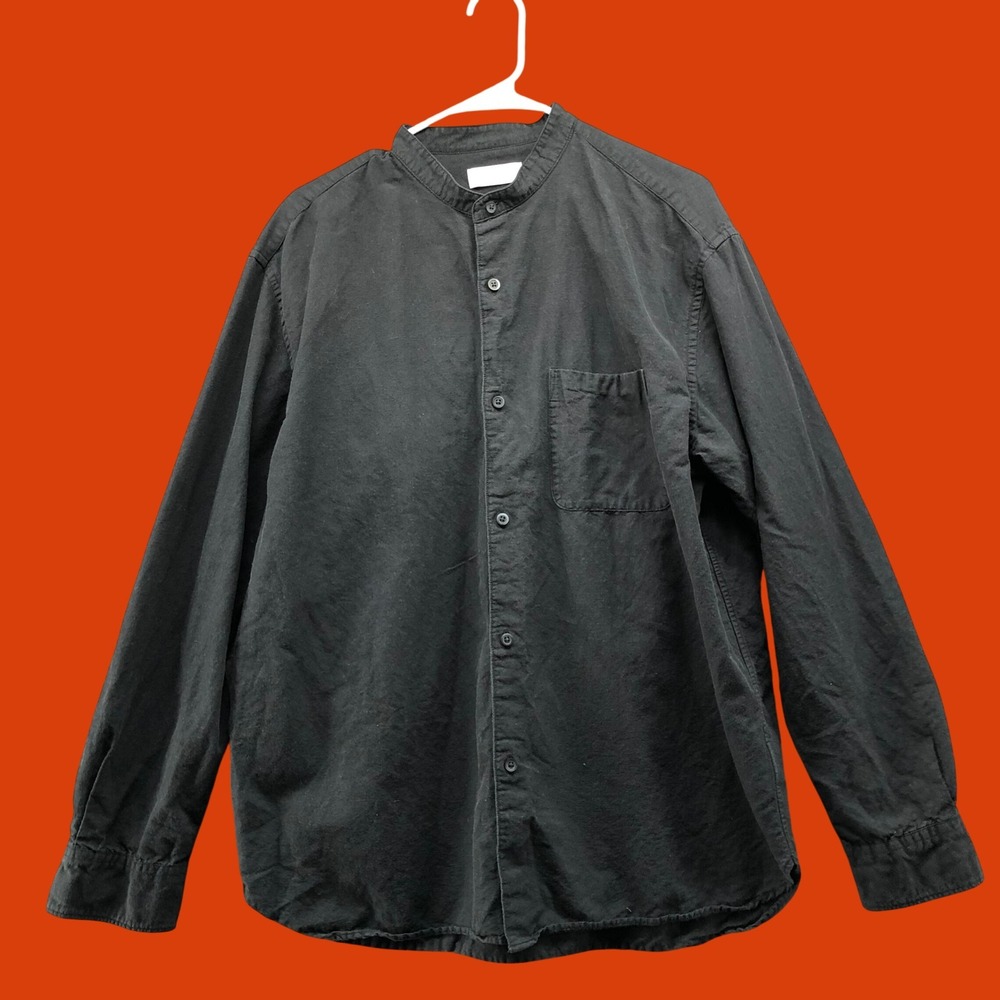 Uniqlo Band Collar Shirt Mens L Black Cotton Linen Stand Collar Long Sleeve